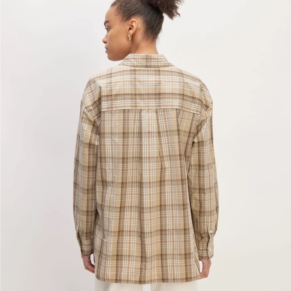 Everlane Supima Cotton Oversized Plaid Button Up Shirt Small Neutral Khaki - Picture 2 of 7